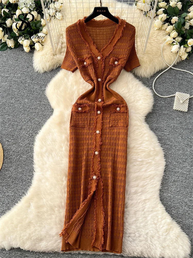 Brown Ribbed Button-down Knit Dress With