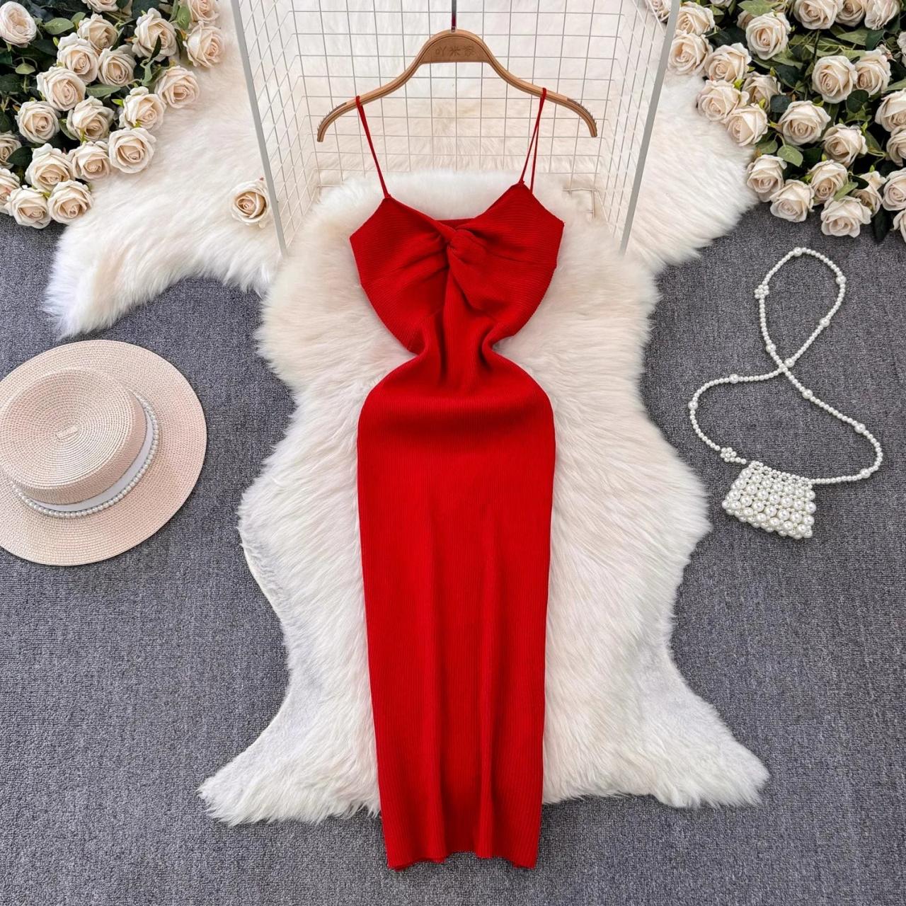 red bow strap dress Spaghetti Straps Sleek Red Satin Cut-Out Bow Maxi Prom Dress US10 / Yellow