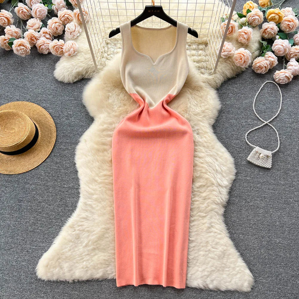 Sleeveless Peach Gradient Knit Bodycon Dress
