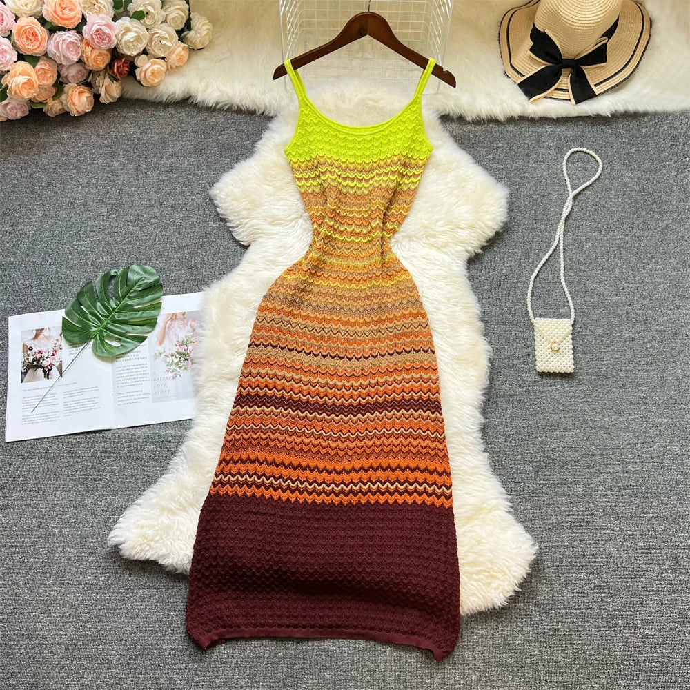 Colorful Sleeveless Gradient Knit Maxi Dress