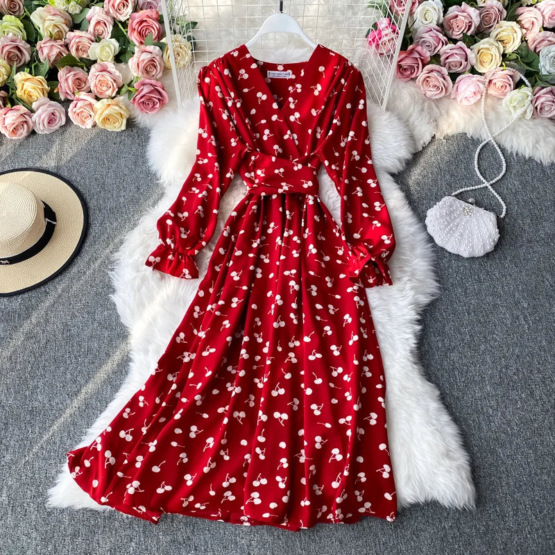 Red Floral Long Sleeve Maxi Dress with Belt