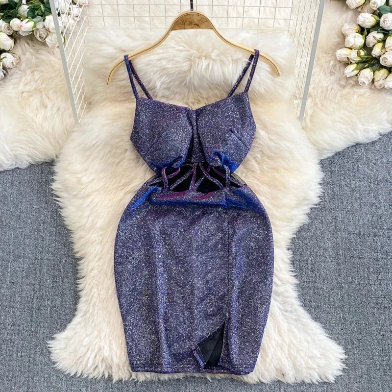 Sparkling Purple Glitter Bodycon Sleeveless Party Dress